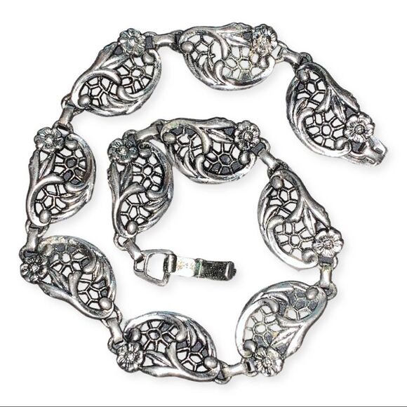 Vtg 1940s Designer Dancraft Floral Cutwork Silver Vintage Choker Necklace